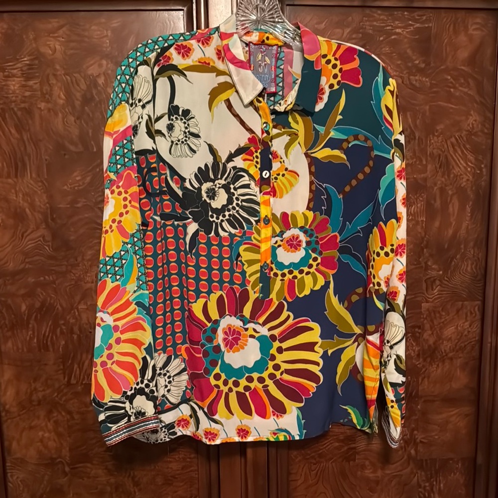 Johnny Was Silk Colorful Floral Button-Up Blouse